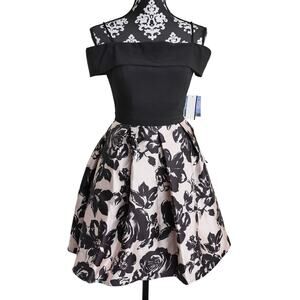 Women's Pale Pink/Black Off Shoulder Skater Floral Mini Dress - Sz 3